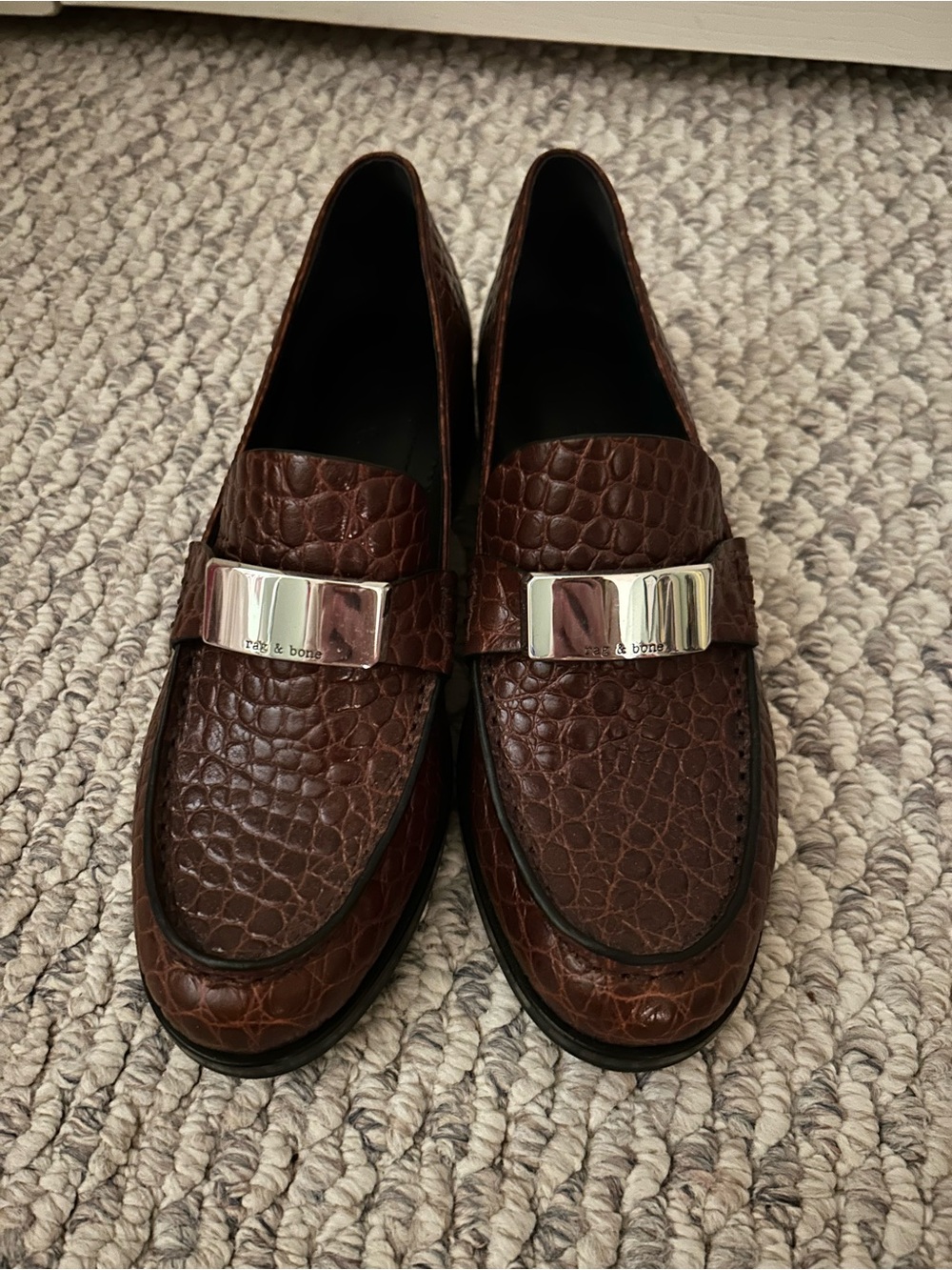 rag & bone Brown Croc-Embossed Leather Bit Loafers